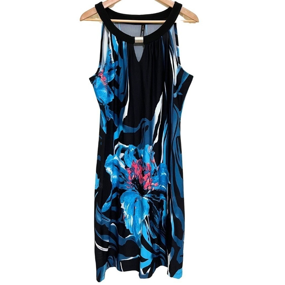 Tropical Floral Halter A-Line Dress Black Blue & Pink w Keyhole Neck – Lori M, L